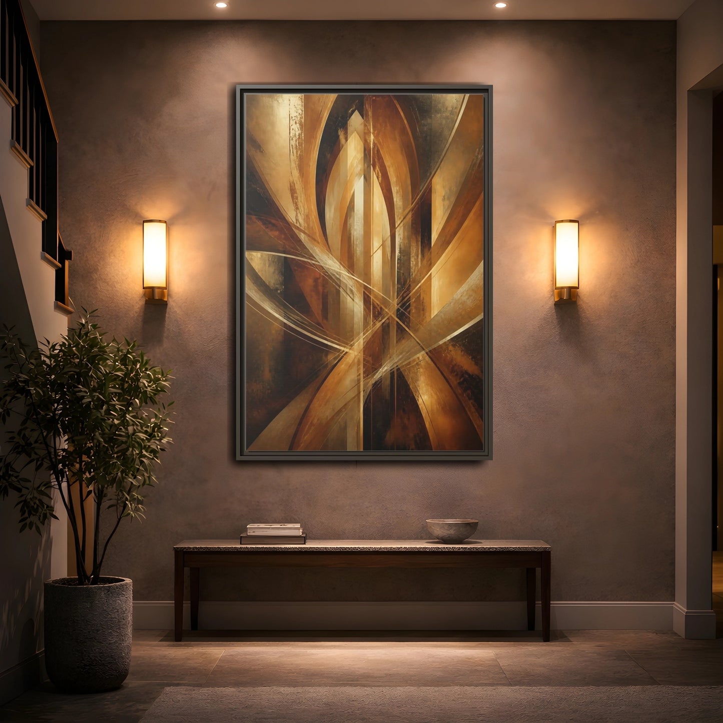 Mockup 2. Abstract Geometric Abstract Gold And Brown Abstract shown as stretched canvas wall art