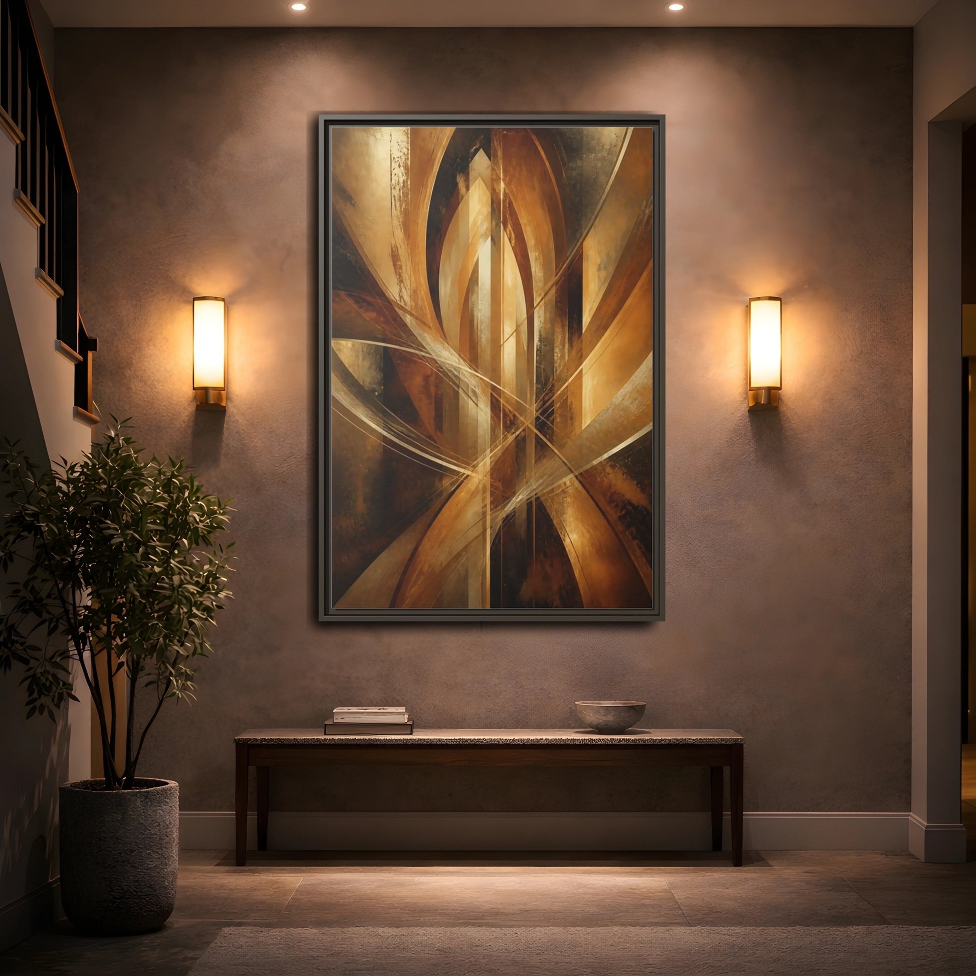 Mockup 2. Abstract Geometric Abstract Gold And Brown Abstract shown as stretched canvas wall art