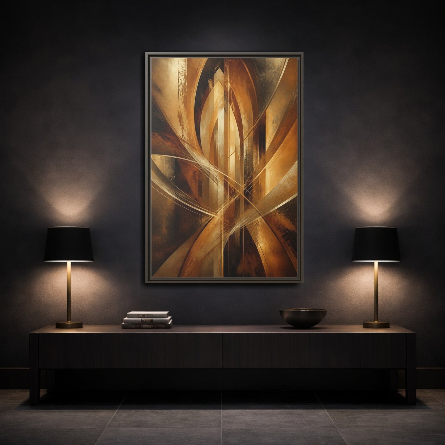 Mockup 3. Abstract Geometric Abstract Gold And Brown Abstract shown as stretched canvas wall art