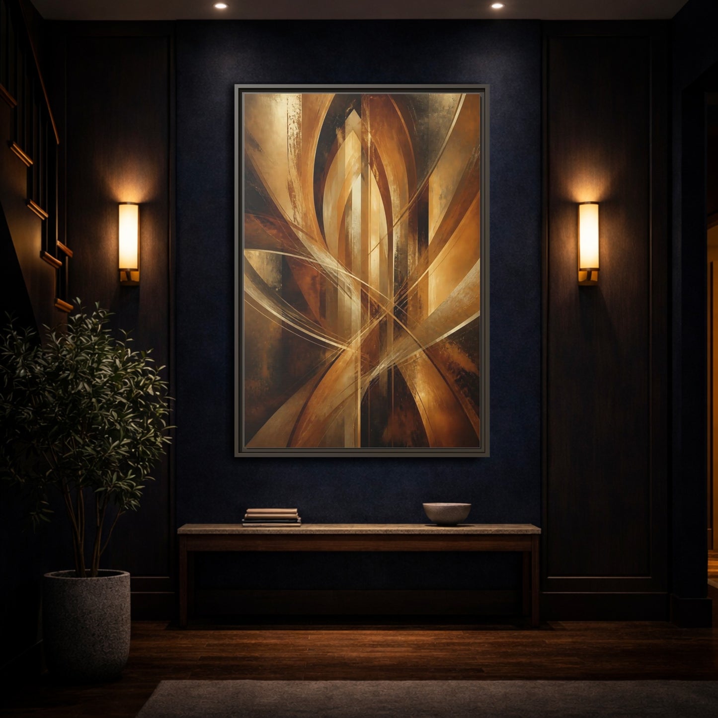 Mockup 4. Abstract Geometric Abstract Gold And Brown Abstract shown as stretched canvas wall art