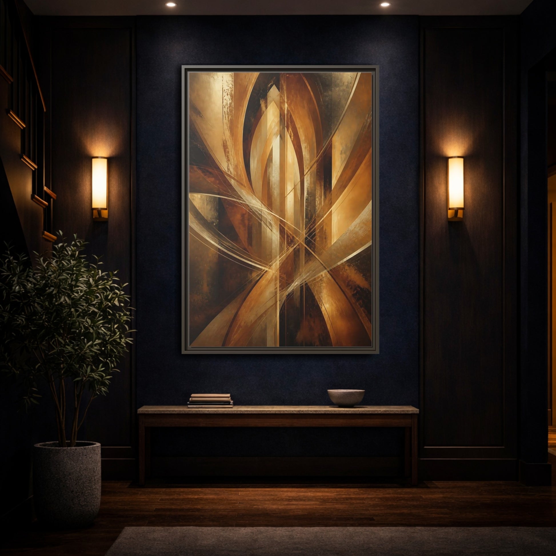 Mockup 4. Abstract Geometric Abstract Gold And Brown Abstract shown as stretched canvas wall art