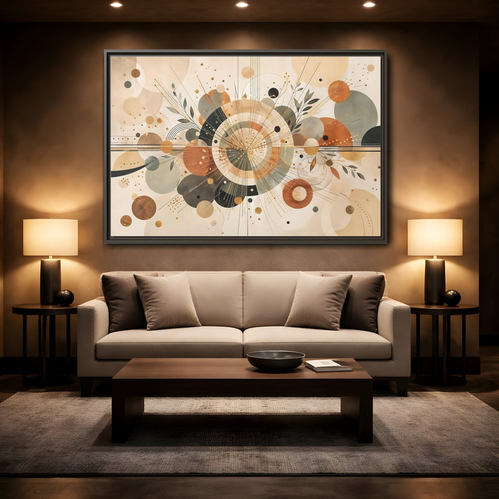 Mockup 2. Abstract Geometric Abstraction Warm Tones Abstract shown as stretched canvas wall art