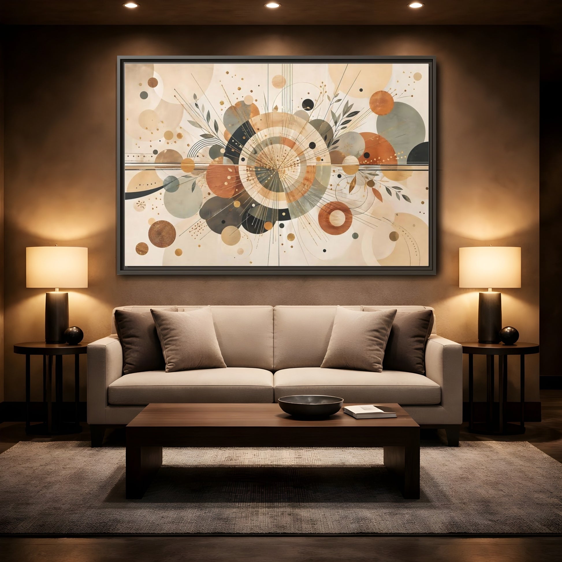 Mockup 2. Abstract Geometric Abstraction Warm Tones Abstract shown as stretched canvas wall art
