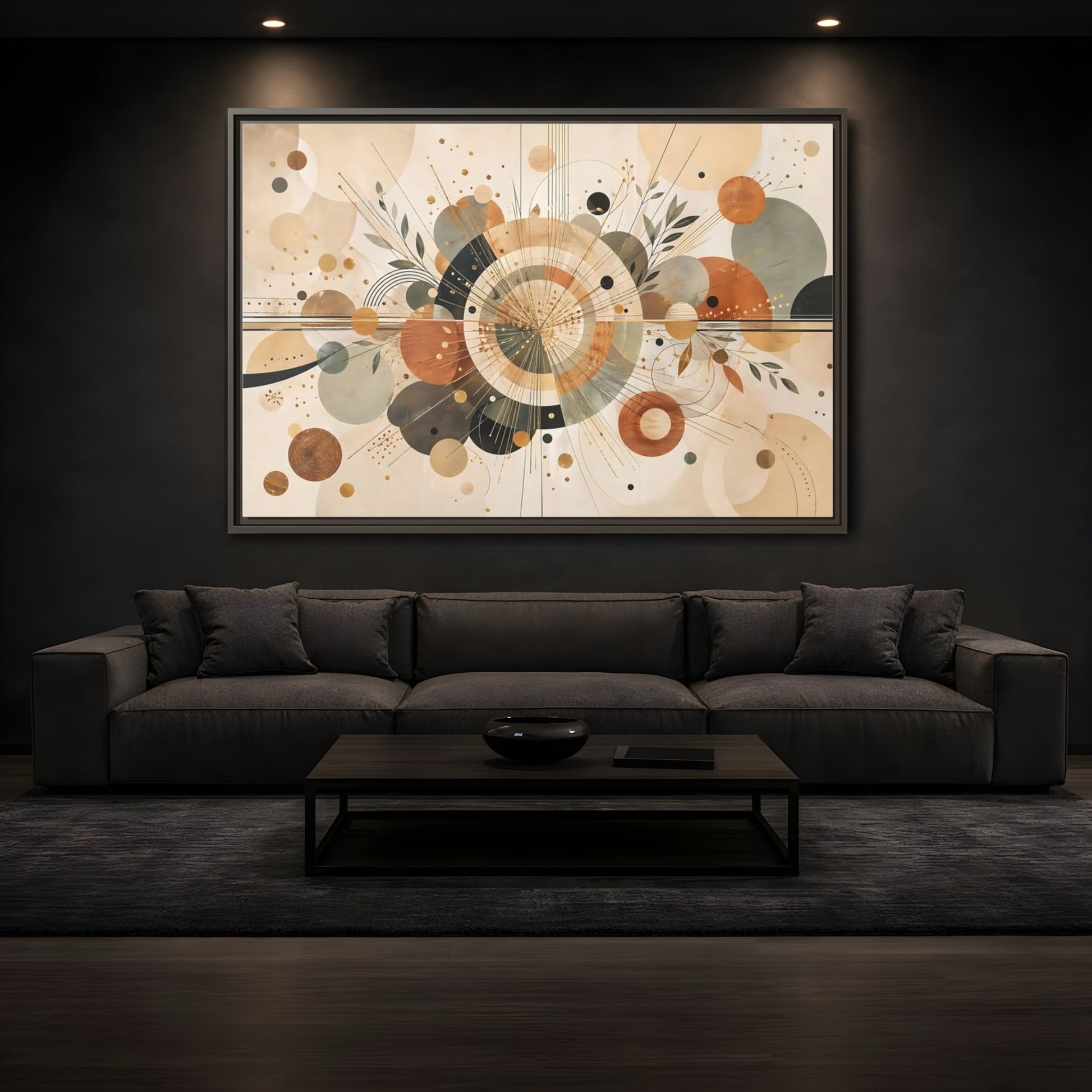 Mockup 3. Abstract Geometric Abstraction Warm Tones Abstract shown as stretched canvas wall art