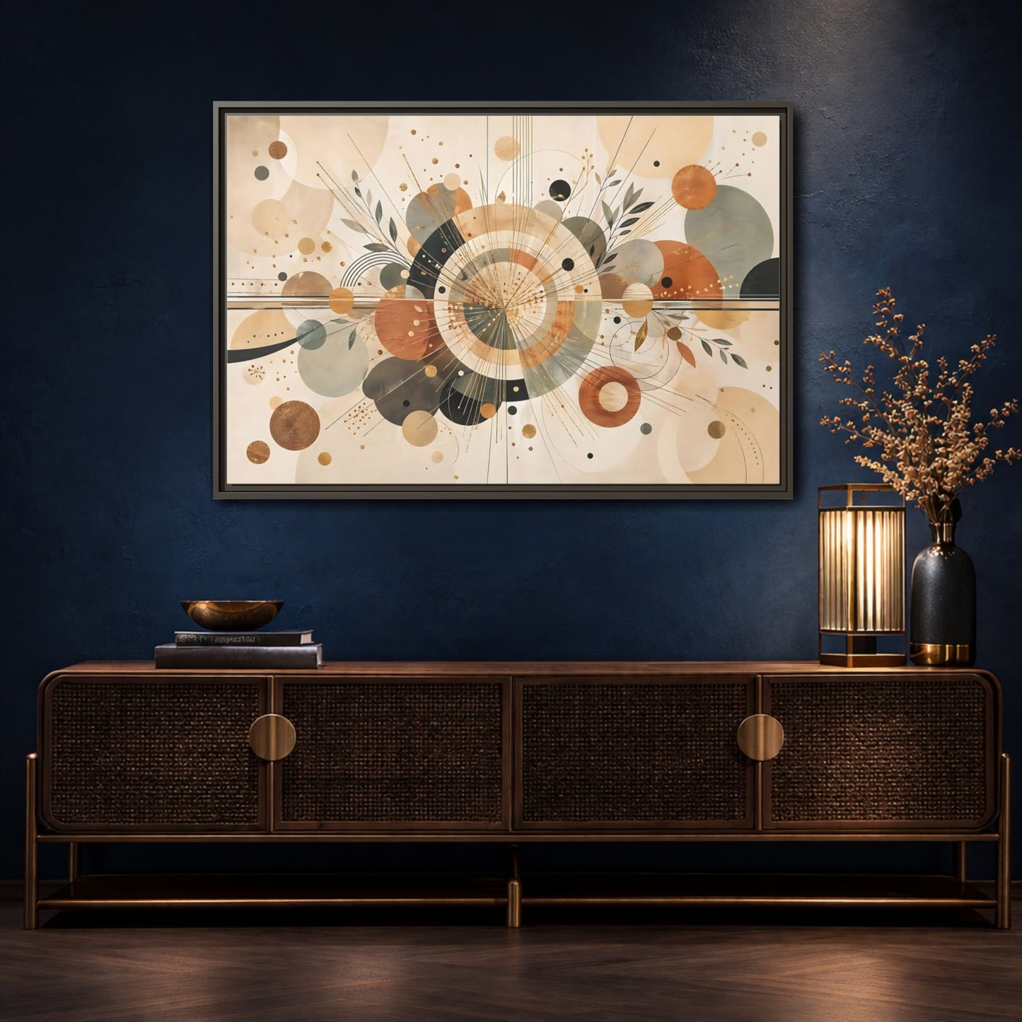 Mockup 4. Abstract Geometric Abstraction Warm Tones Abstract shown as stretched canvas wall art