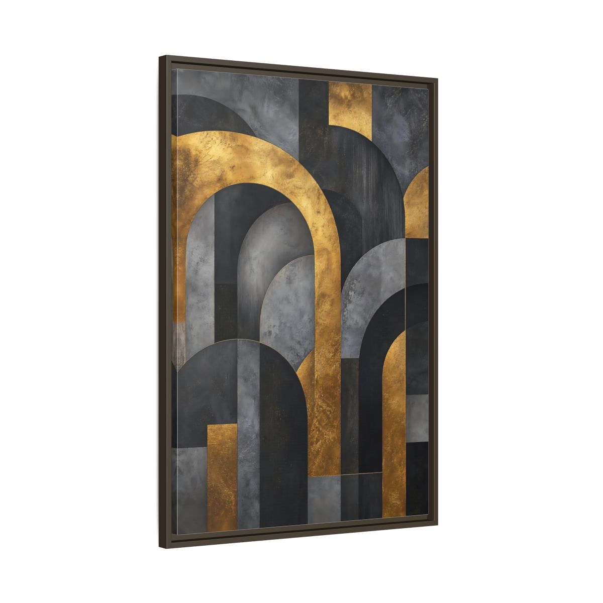 Main Mockup. Abstract Geometric Arches Gold And Gray shown as stretched canvas wall art