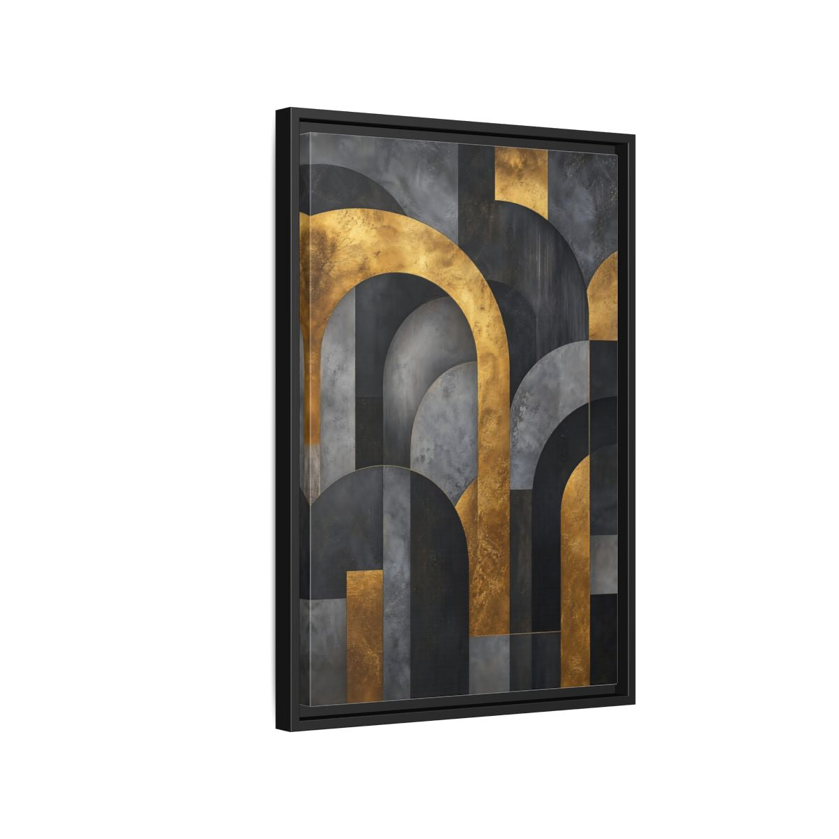 Side Mockup 3. Abstract Geometric Arches Gold And Gray shown as stretched canvas wall art