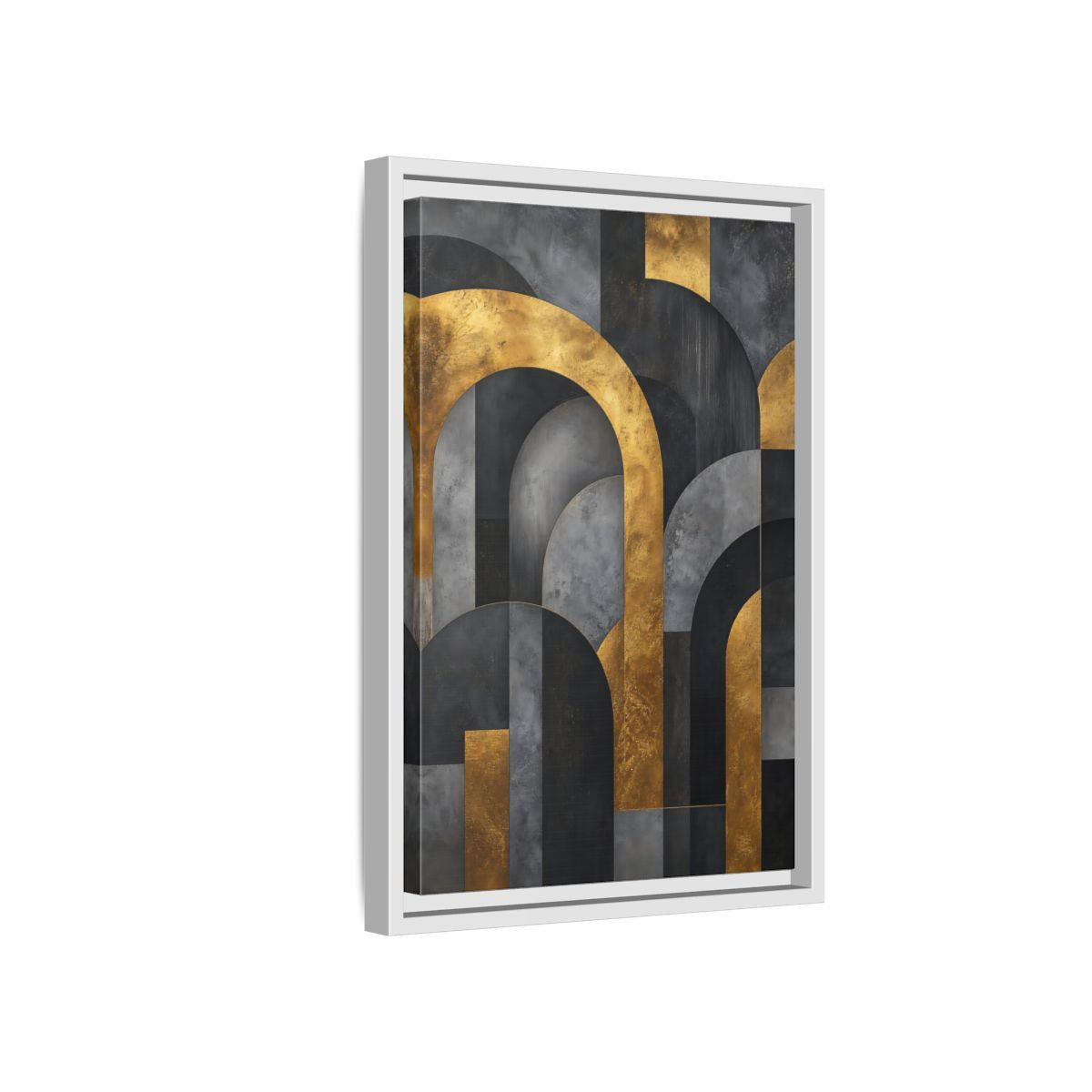 Side Mockup 4. Abstract Geometric Arches Gold And Gray shown as stretched canvas wall art
