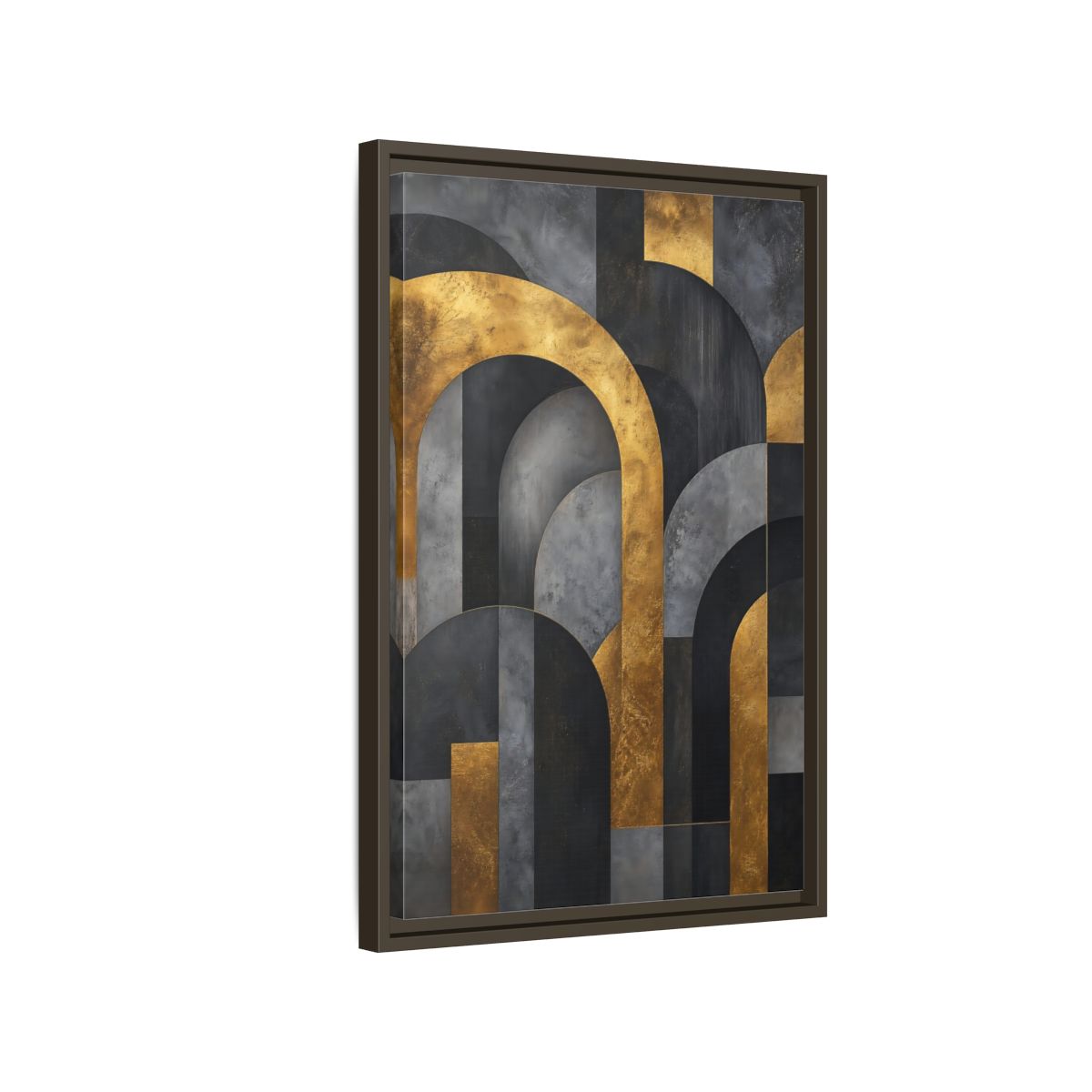 Side Mockup 2. Abstract Geometric Arches Gold And Gray shown as stretched canvas wall art