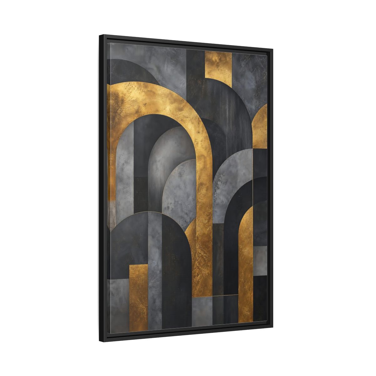 Side Mockup 13. Abstract Geometric Arches Gold And Gray shown as stretched canvas wall art
