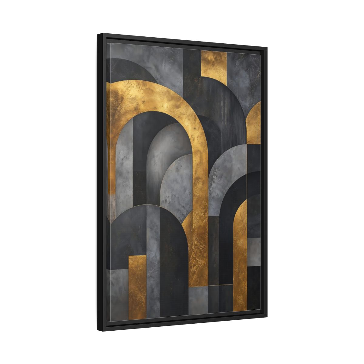 Side Mockup 14. Abstract Geometric Arches Gold And Gray shown as stretched canvas wall art