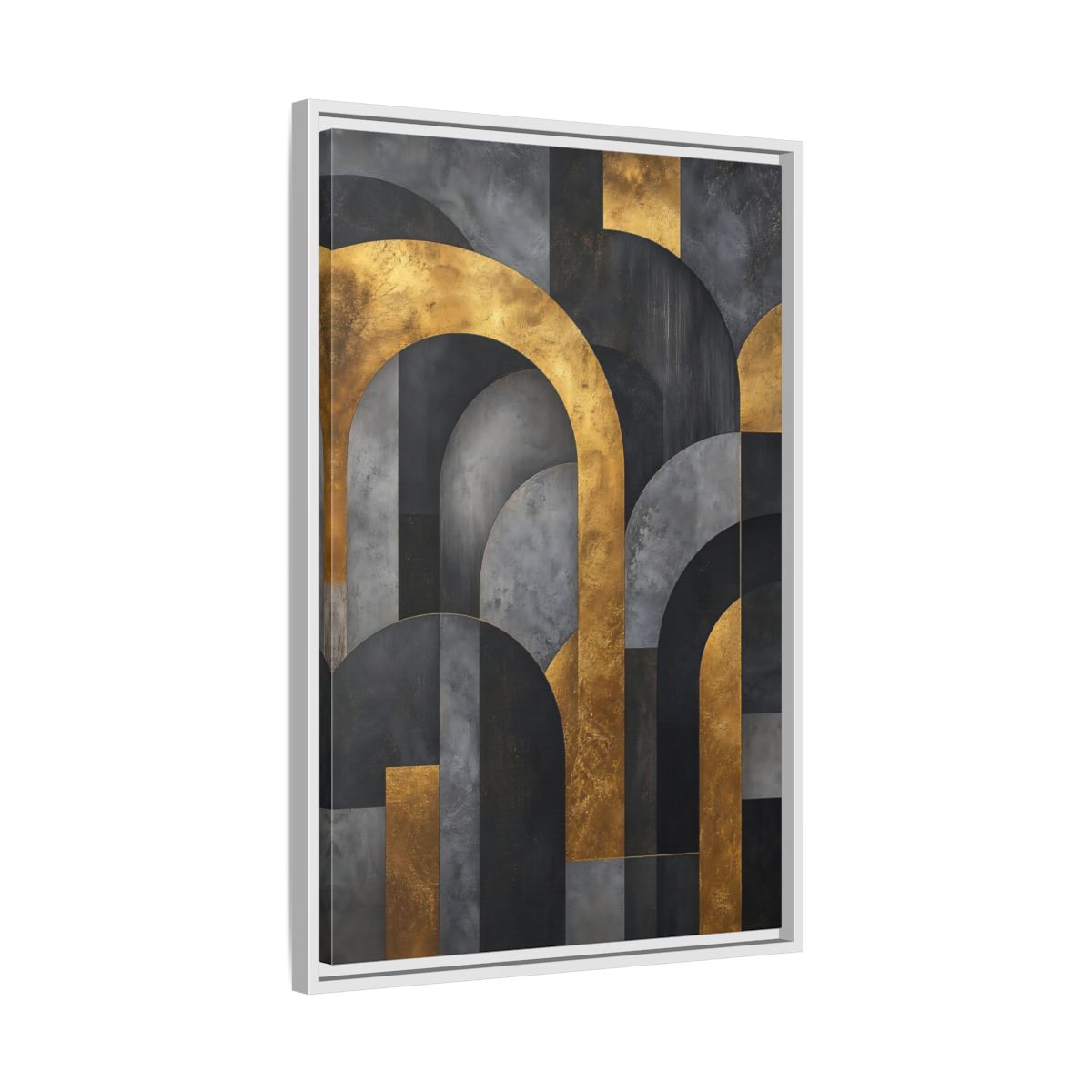 Side Mockup 10. Abstract Geometric Arches Gold And Gray shown as stretched canvas wall art