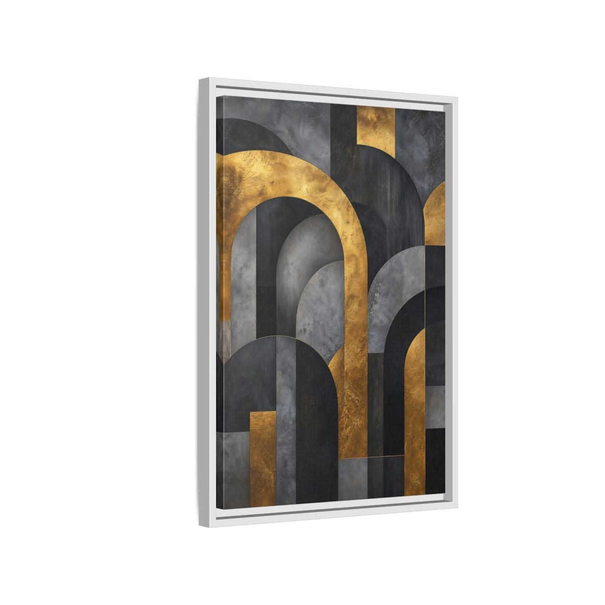 Side Mockup 1. Abstract Geometric Arches Gold And Gray shown as stretched canvas wall art