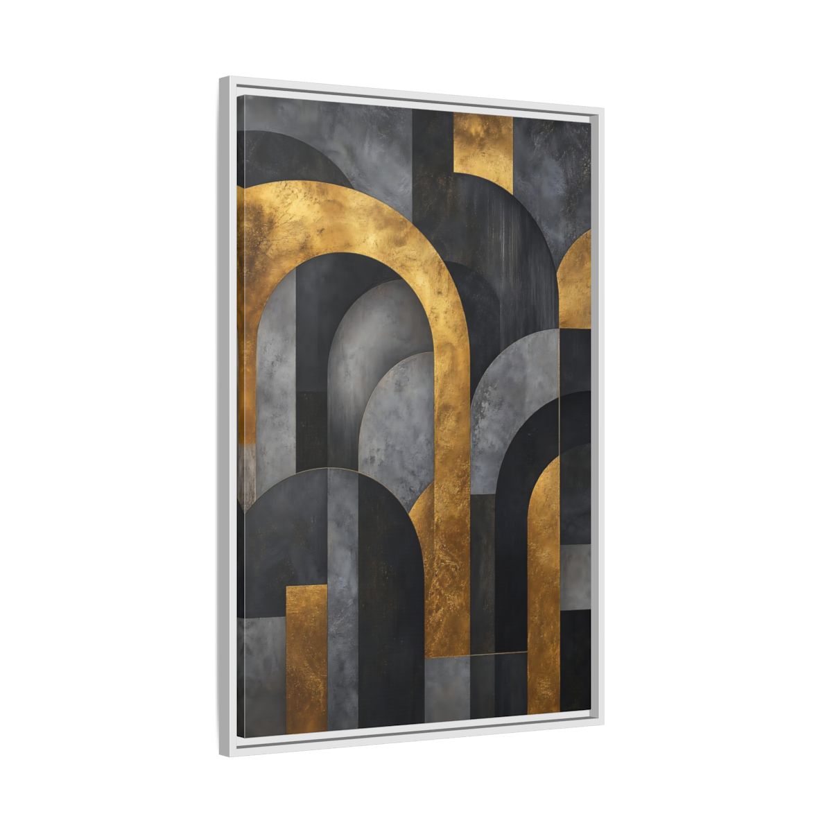 Side Mockup 9. Abstract Geometric Arches Gold And Gray shown as stretched canvas wall art