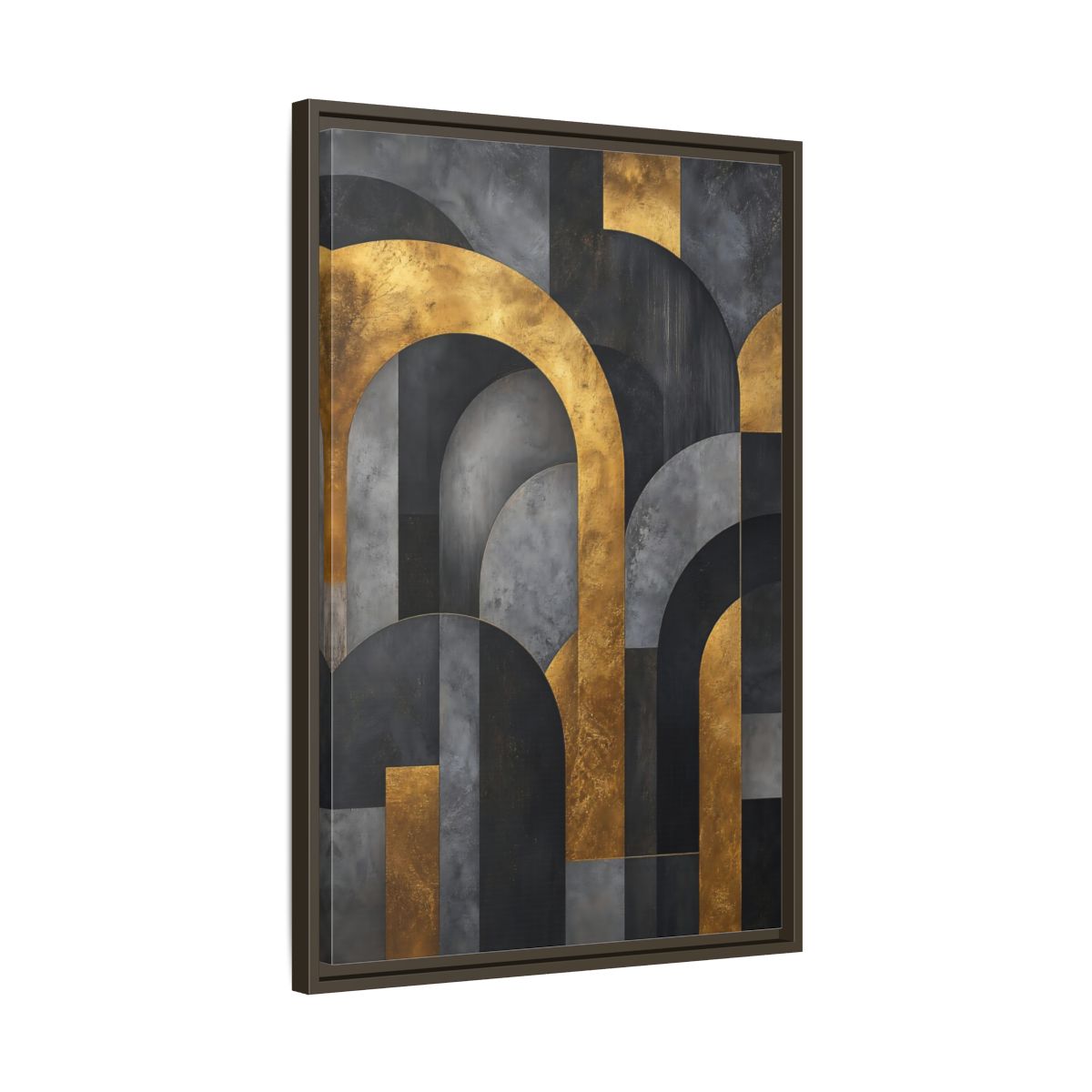 Side Mockup 11. Abstract Geometric Arches Gold And Gray shown as stretched canvas wall art