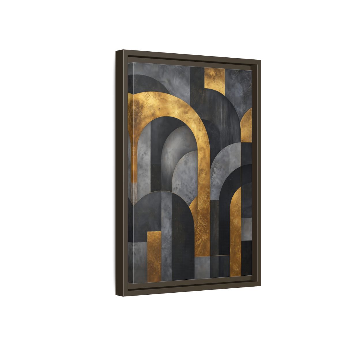 Side Mockup 5. Abstract Geometric Arches Gold And Gray shown as stretched canvas wall art