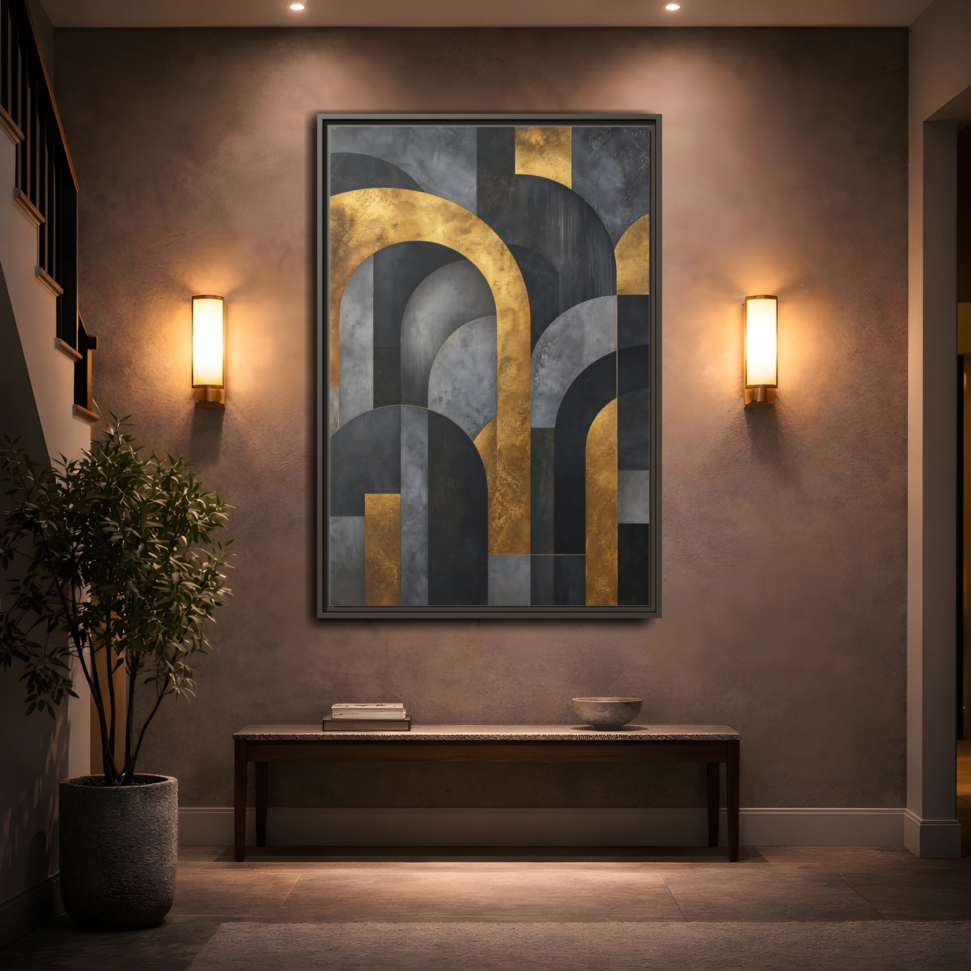 Mockup 2. Abstract Geometric Arches Gold And Gray shown as stretched canvas wall art