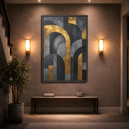 Mockup 2. Abstract Geometric Arches Gold And Gray shown as stretched canvas wall art