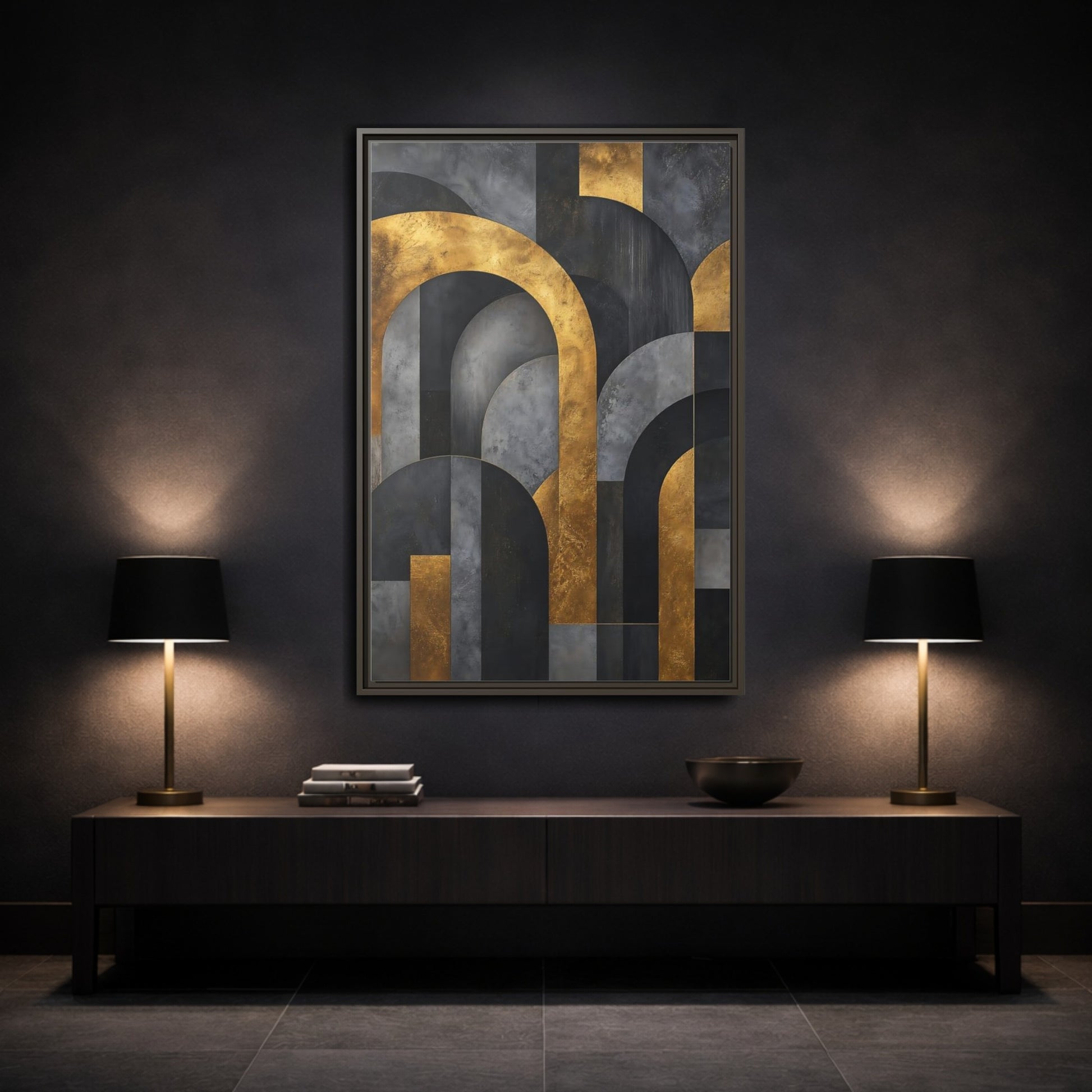 Mockup 3. Abstract Geometric Arches Gold And Gray shown as stretched canvas wall art
