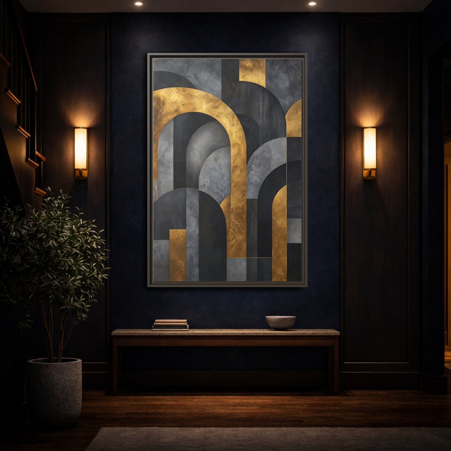 Mockup 4. Abstract Geometric Arches Gold And Gray shown as stretched canvas wall art