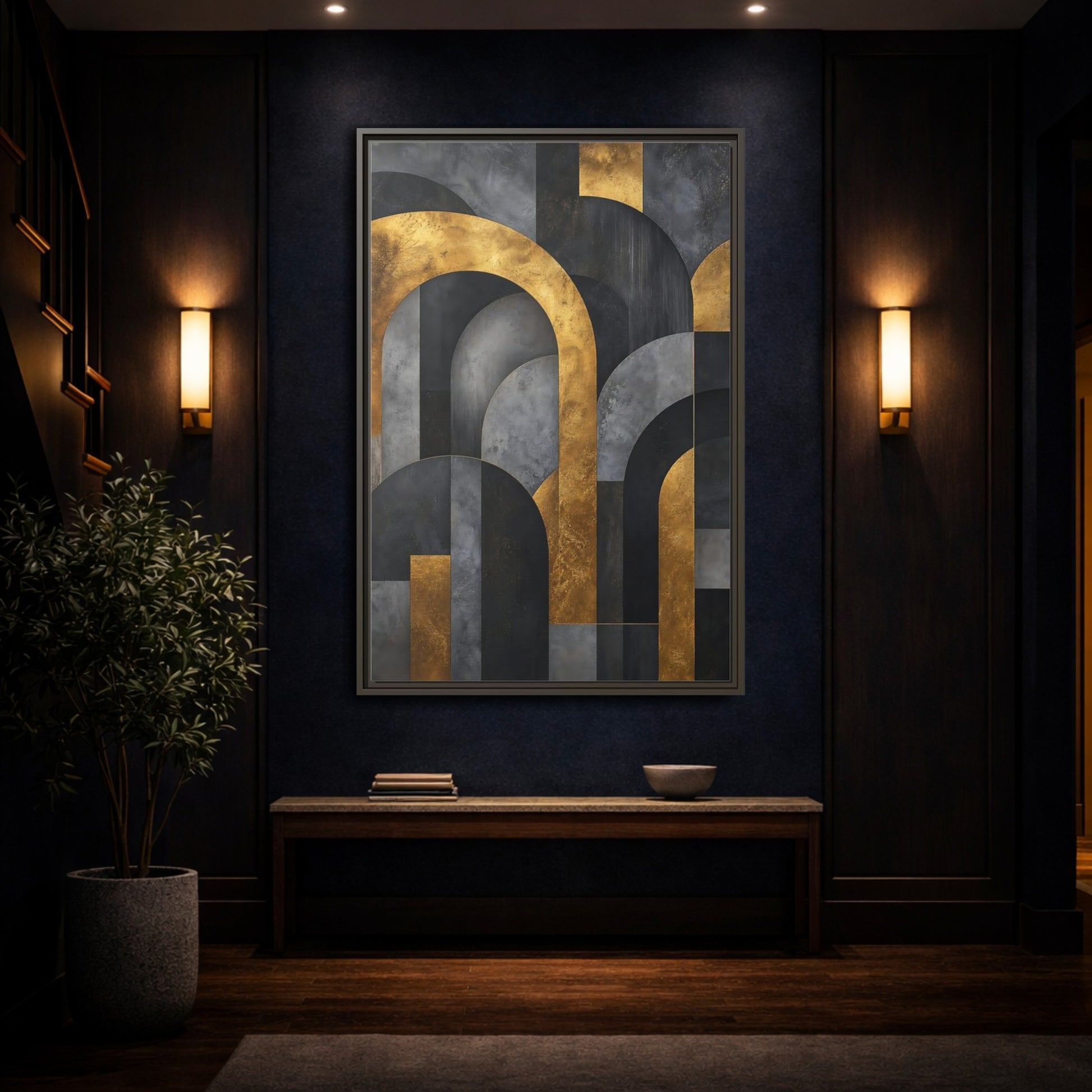 Mockup 4. Abstract Geometric Arches Gold And Gray shown as stretched canvas wall art