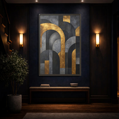 Mockup 4. Abstract Geometric Arches Gold And Gray shown as stretched canvas wall art