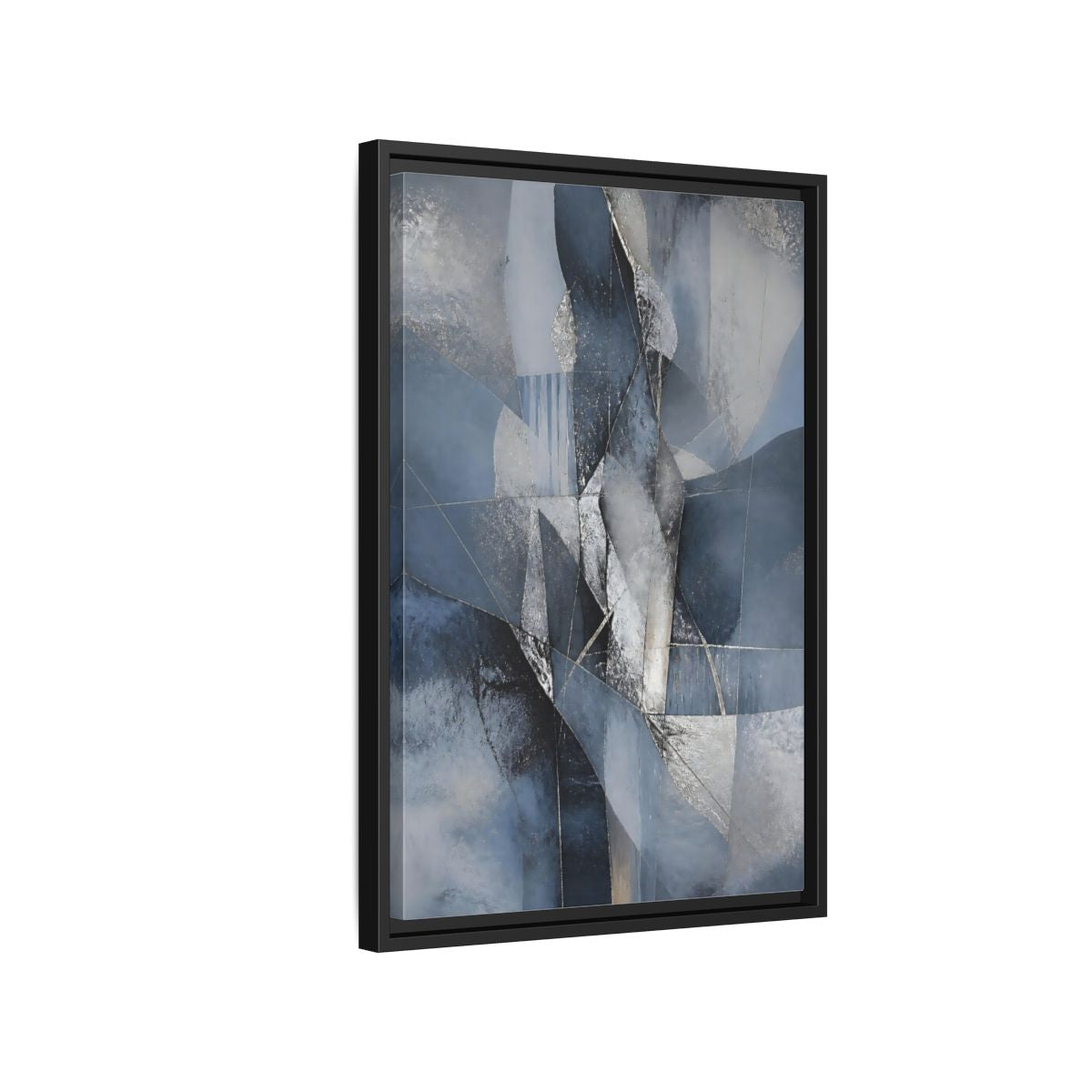 Side Mockup 3. Abstract Geometric Abstract Blue And Silver shown as stretched canvas wall art