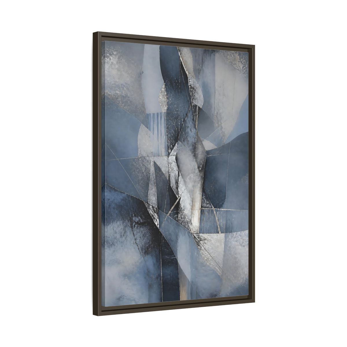 Side Mockup 11. Abstract Geometric Abstract Blue And Silver shown as stretched canvas wall art
