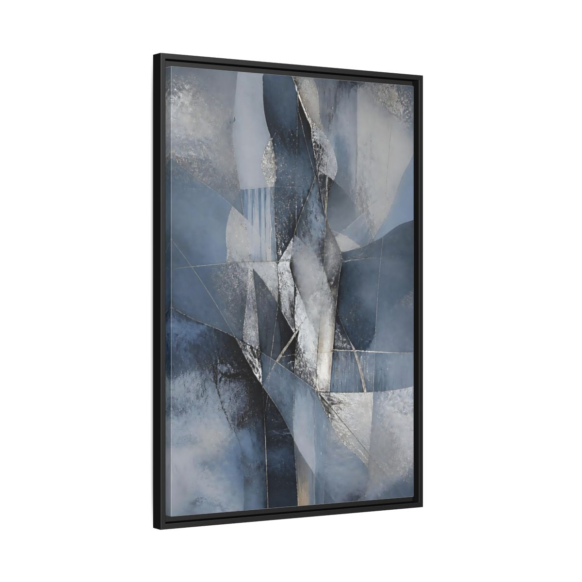 Side Mockup 13. Abstract Geometric Abstract Blue And Silver shown as stretched canvas wall art