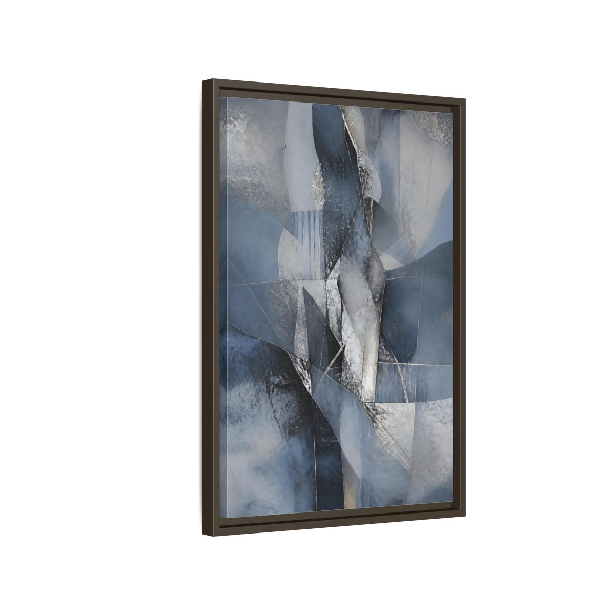 Side Mockup 2. Abstract Geometric Abstract Blue And Silver shown as stretched canvas wall art