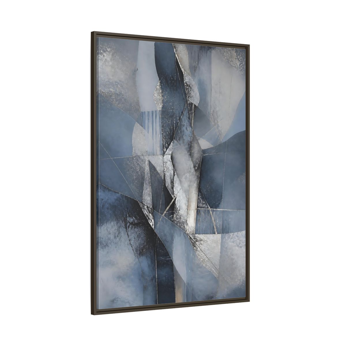 Side Mockup 8. Abstract Geometric Abstract Blue And Silver shown as stretched canvas wall art