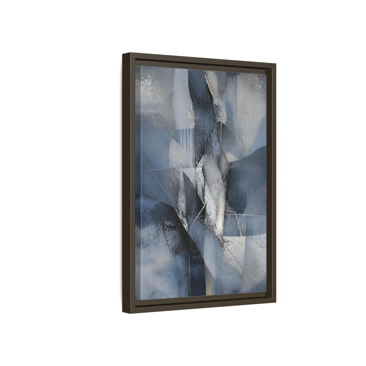 Side Mockup 5. Abstract Geometric Abstract Blue And Silver shown as stretched canvas wall art
