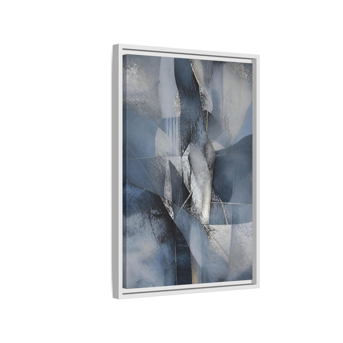 Side Mockup 1. Abstract Geometric Abstract Blue And Silver shown as stretched canvas wall art