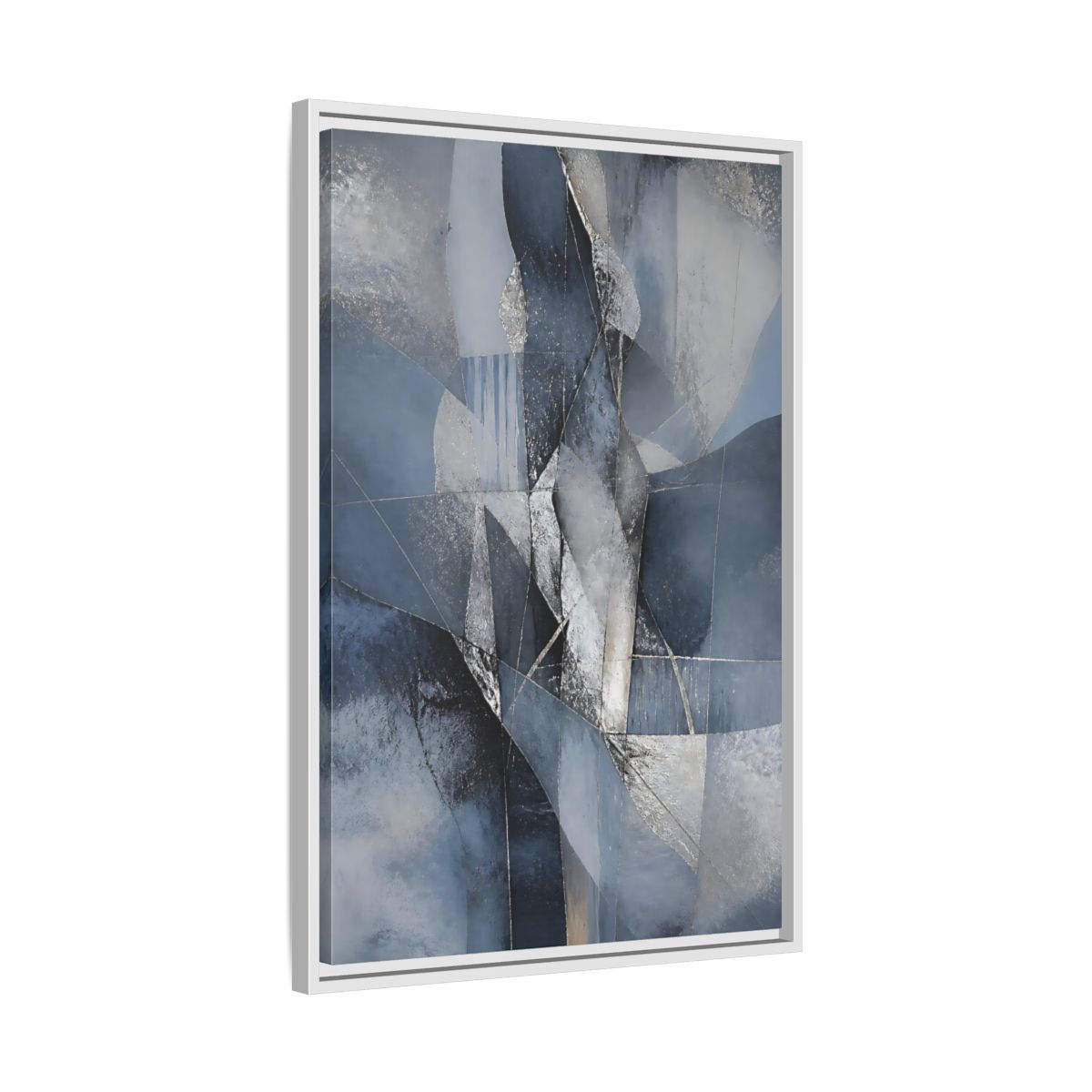 Side Mockup 10. Abstract Geometric Abstract Blue And Silver shown as stretched canvas wall art