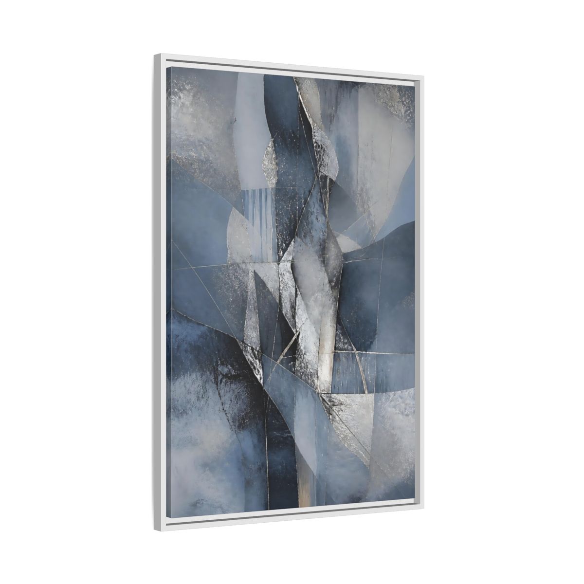 Side Mockup 9. Abstract Geometric Abstract Blue And Silver shown as stretched canvas wall art