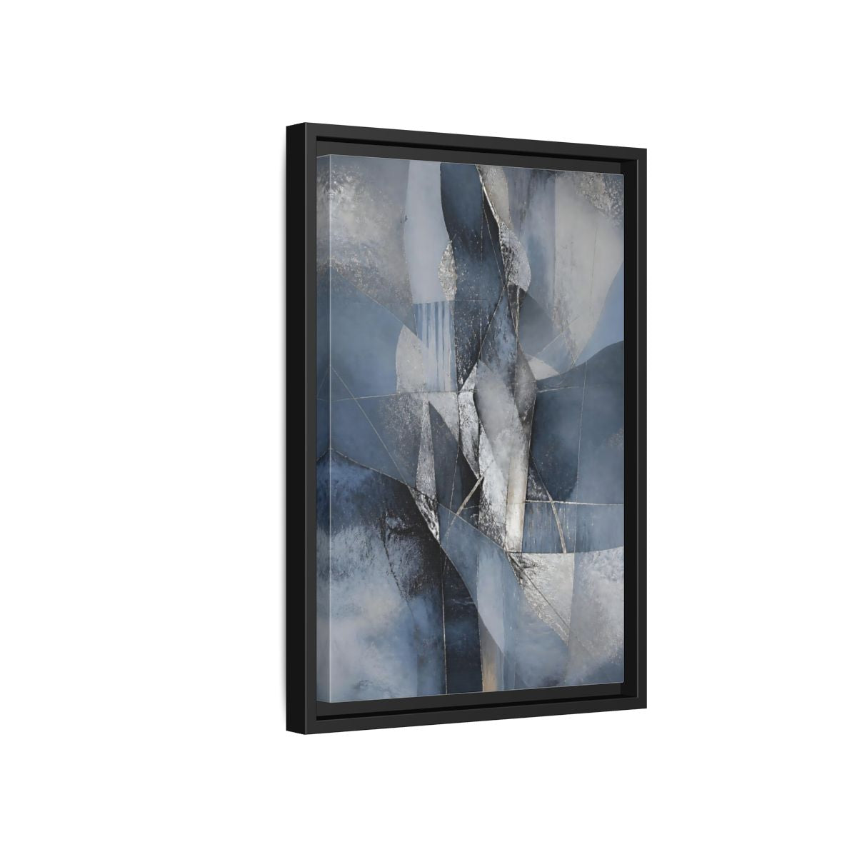 Side Mockup 6. Abstract Geometric Abstract Blue And Silver shown as stretched canvas wall art