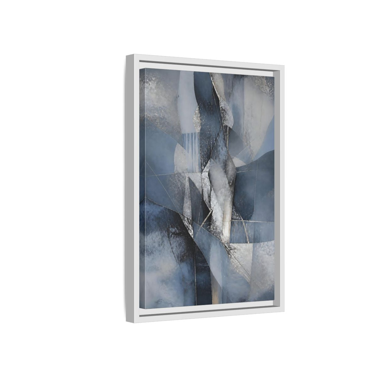 Side Mockup 4. Abstract Geometric Abstract Blue And Silver shown as stretched canvas wall art