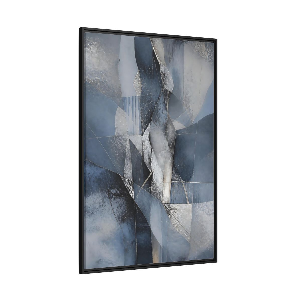 Side Mockup 12. Abstract Geometric Abstract Blue And Silver shown as stretched canvas wall art
