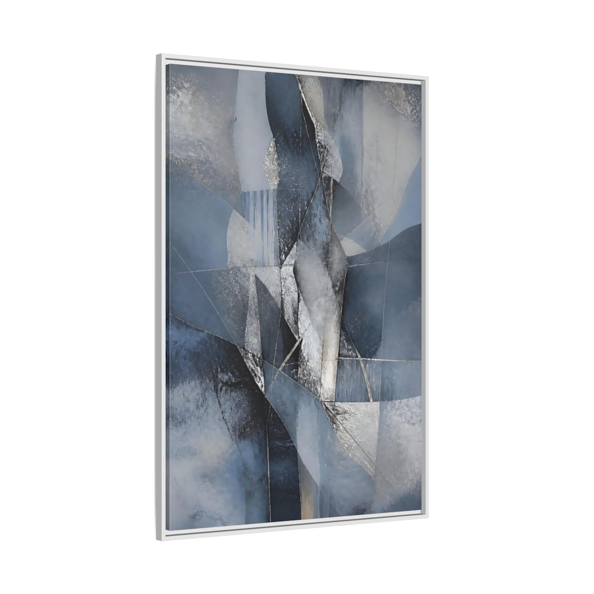 Side Mockup 7. Abstract Geometric Abstract Blue And Silver shown as stretched canvas wall art
