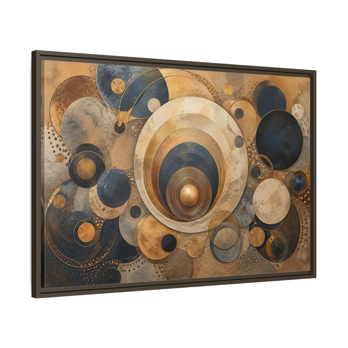 Main Mockup. Abstract Geometric Circles Gold And Blue Abstract shown as stretched canvas wall art