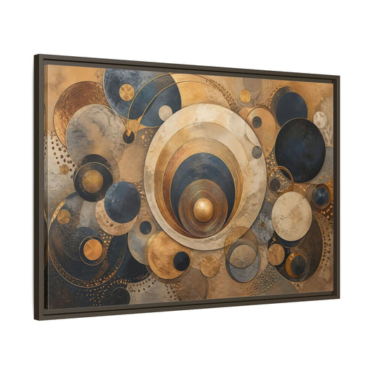 Main Mockup. Abstract Geometric Circles Gold And Blue Abstract shown as stretched canvas wall art