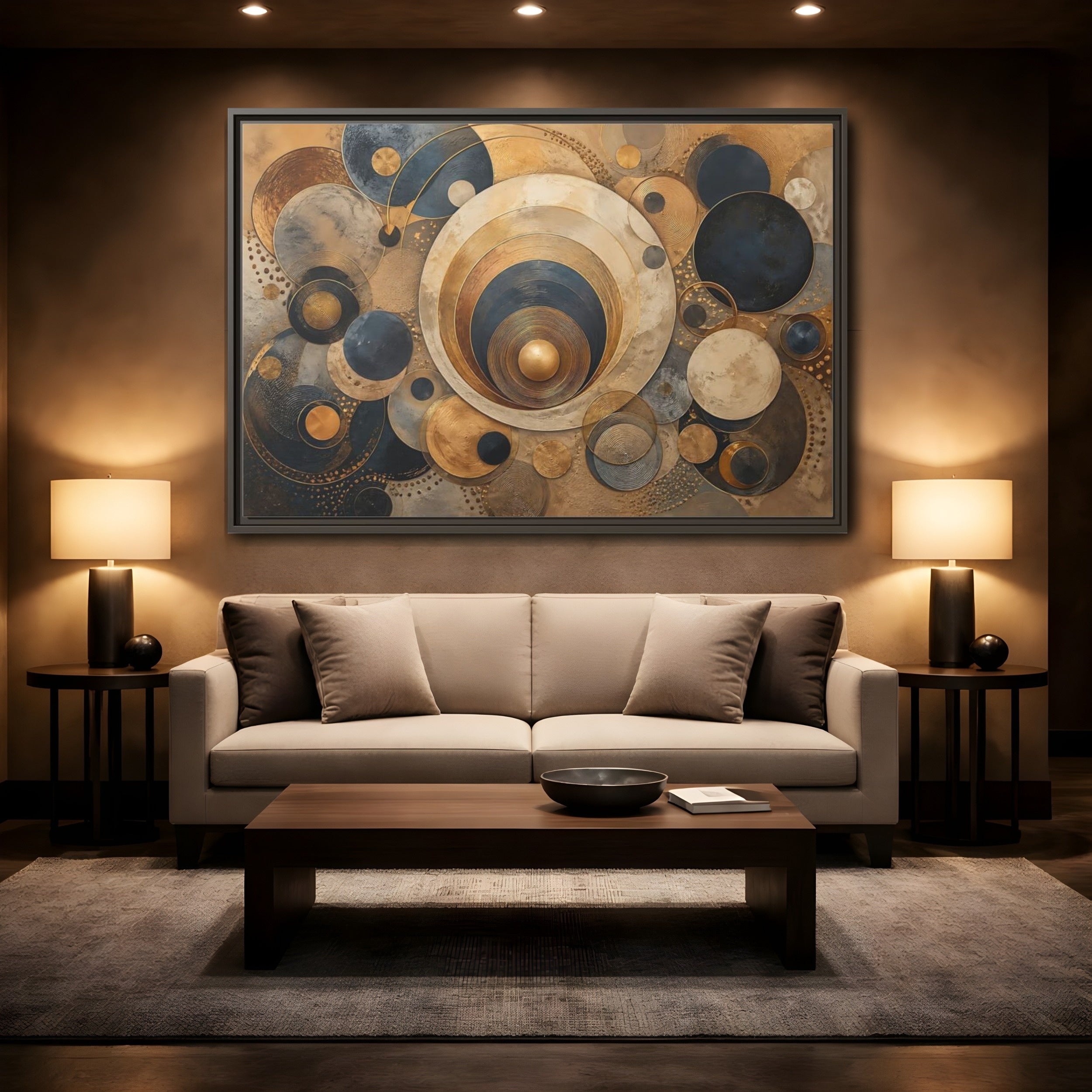 Mockup 2. Abstract Geometric Circles Gold And Blue Abstract shown as stretched canvas wall art
