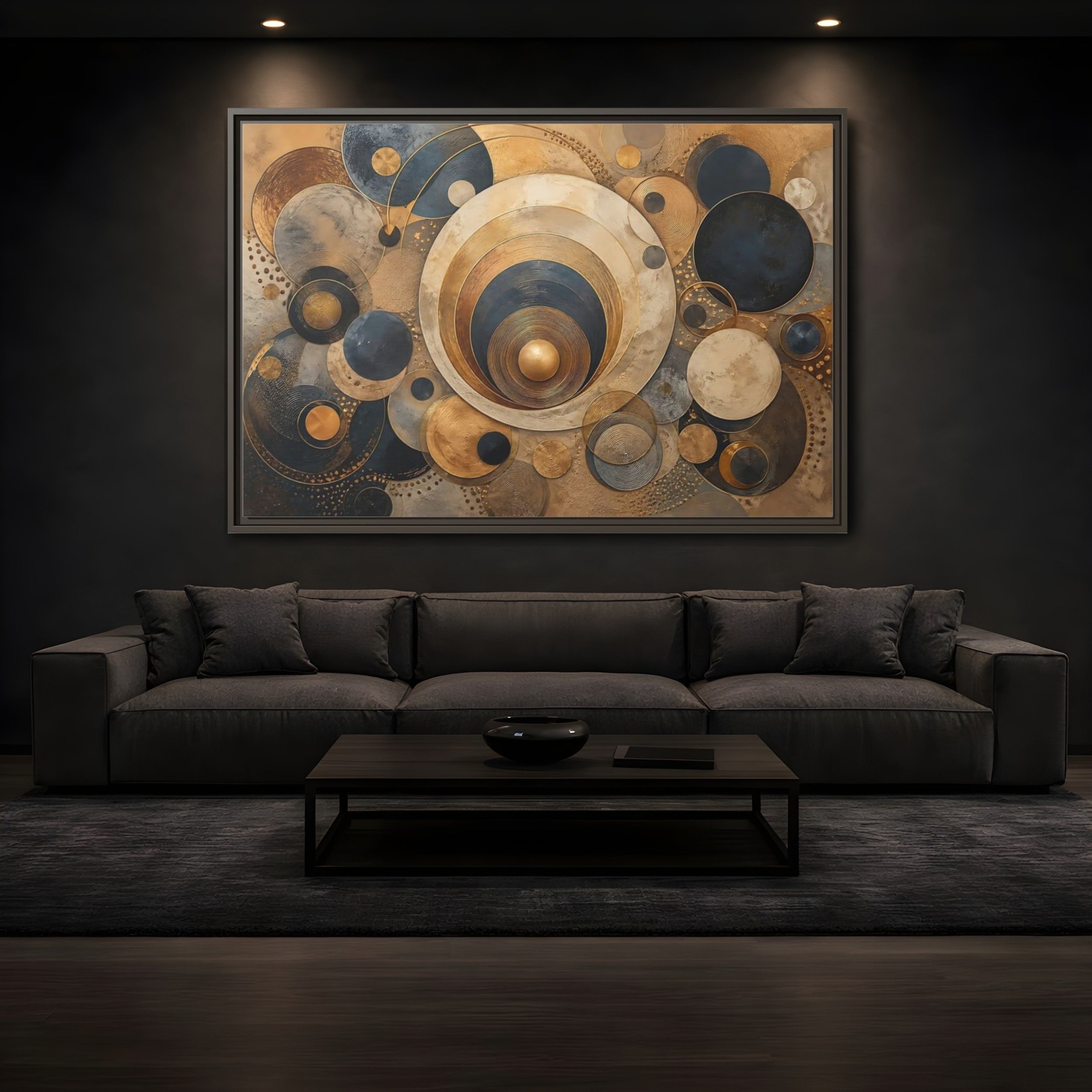 Mockup 3. Abstract Geometric Circles Gold And Blue Abstract shown as stretched canvas wall art