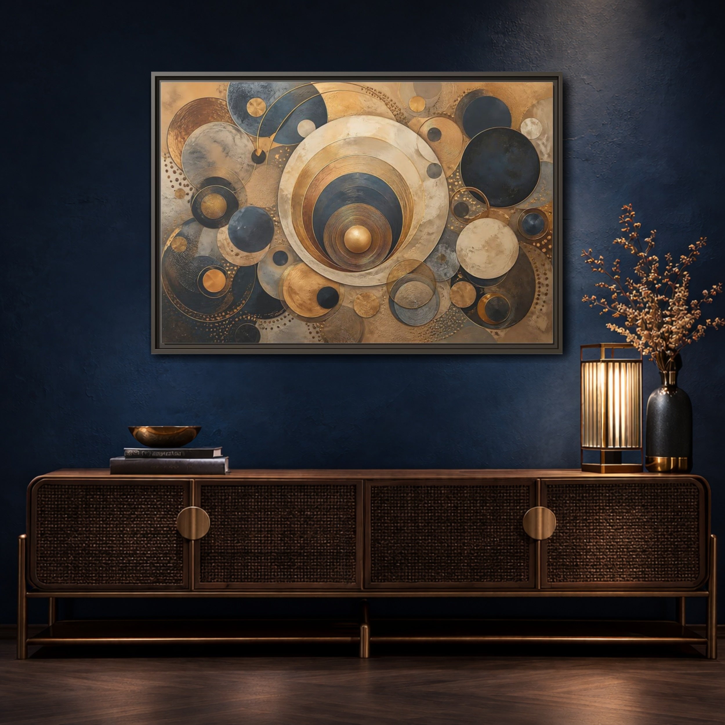 Mockup 4. Abstract Geometric Circles Gold And Blue Abstract shown as stretched canvas wall art