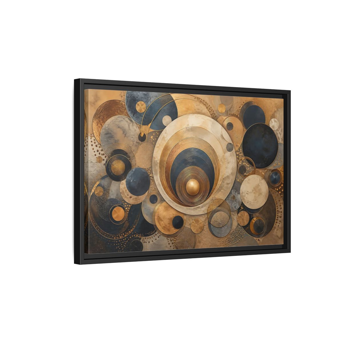 Side Mockup 3. Abstract Geometric Circles Gold And Blue Abstract shown as stretched canvas wall art