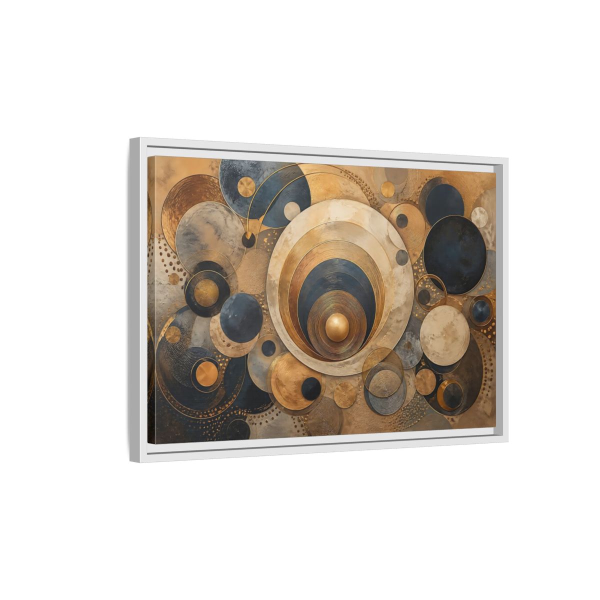 Side Mockup 1. Abstract Geometric Circles Gold And Blue Abstract shown as stretched canvas wall art