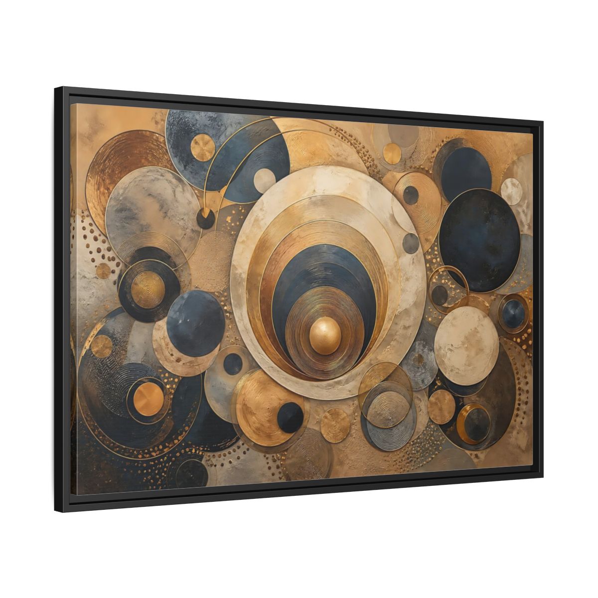 Side Mockup 13. Abstract Geometric Circles Gold And Blue Abstract shown as stretched canvas wall art