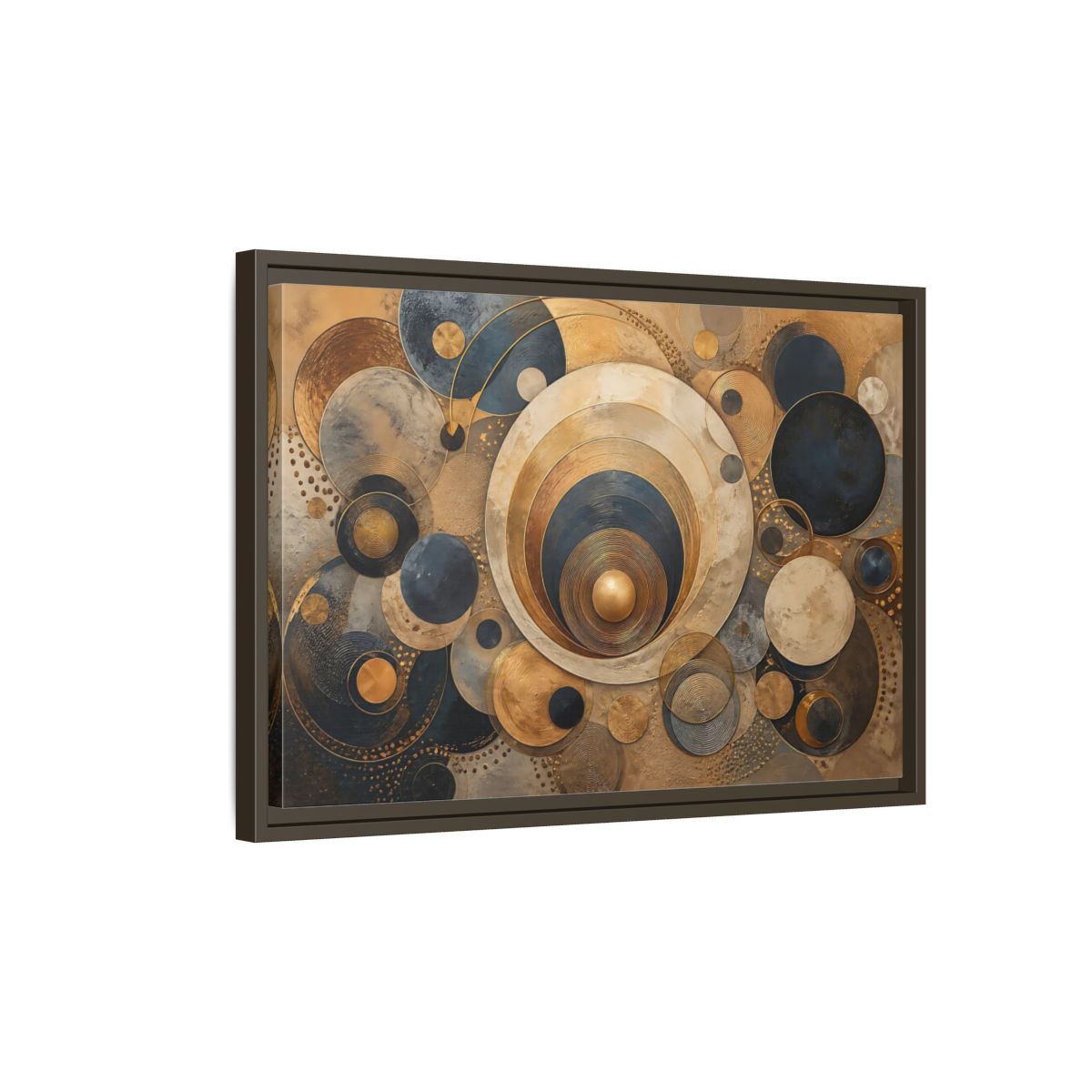 Side Mockup 2. Abstract Geometric Circles Gold And Blue Abstract shown as stretched canvas wall art