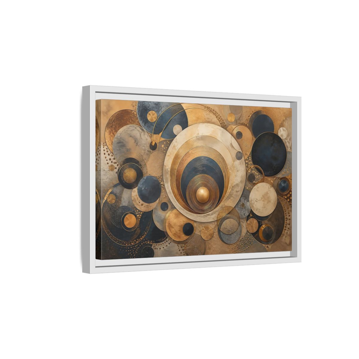 Side Mockup 4. Abstract Geometric Circles Gold And Blue Abstract shown as stretched canvas wall art