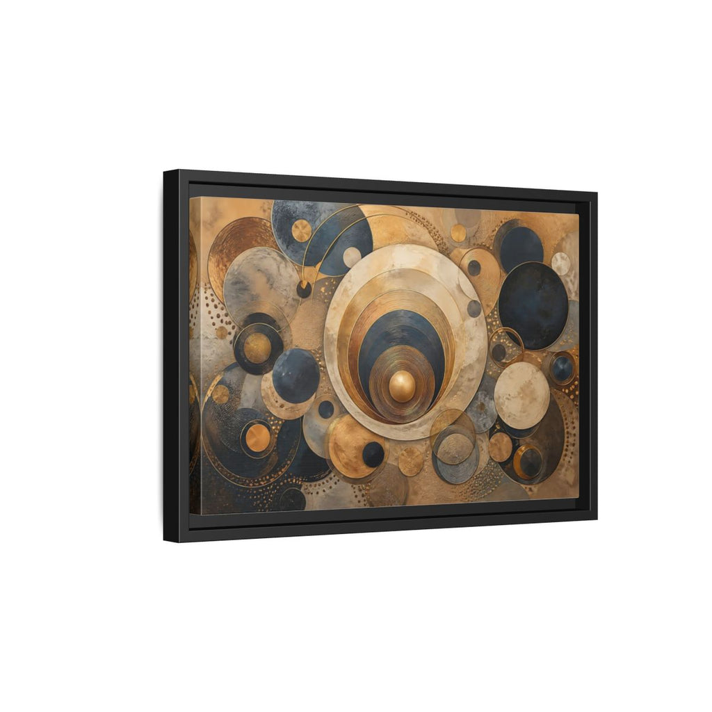 Side Mockup 6. Abstract Geometric Circles Gold And Blue Abstract shown as stretched canvas wall art